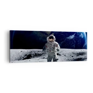 Bild auf Leinwand - Leinwandbild - Astronaut auf der Mondoberfläche mit der Erde im Hintergrund - 140x50cm - Grüße vom Mond - Moderne Wanddekoration für Wohnzimmer und Schlafzimmer ARTTOR