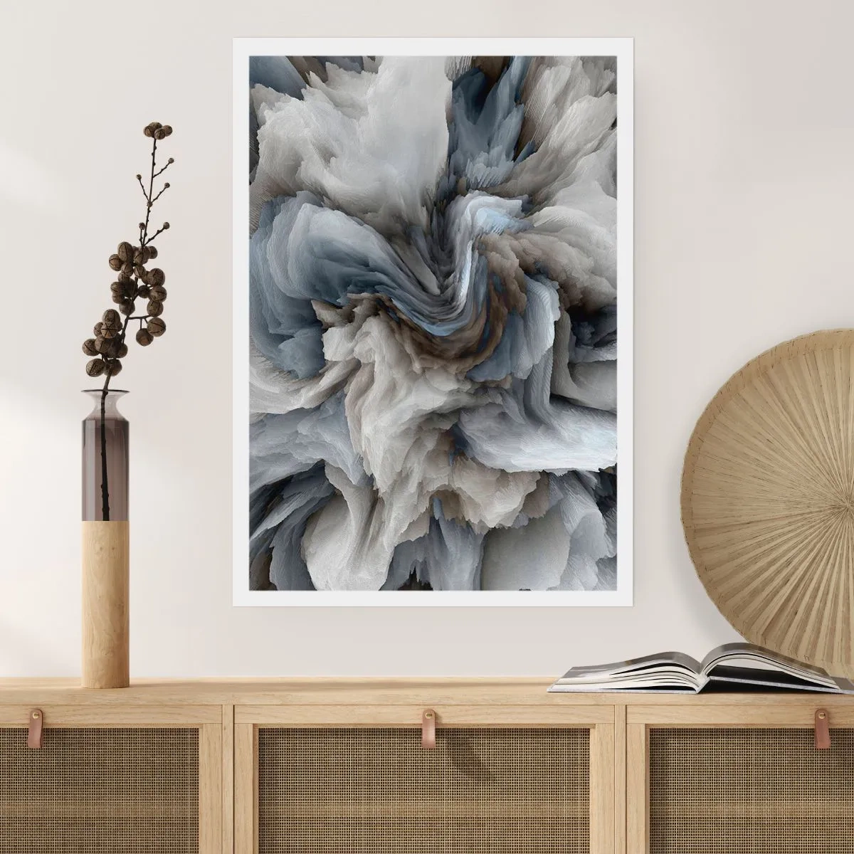 Poster - Eine abstrakte Farbexplosion in Grau- und Blautönen. - 50x70cm - Stein und Blume - Moderne Wanddekoration für Wohnzimmer und Schlafzimmer ARTTOR