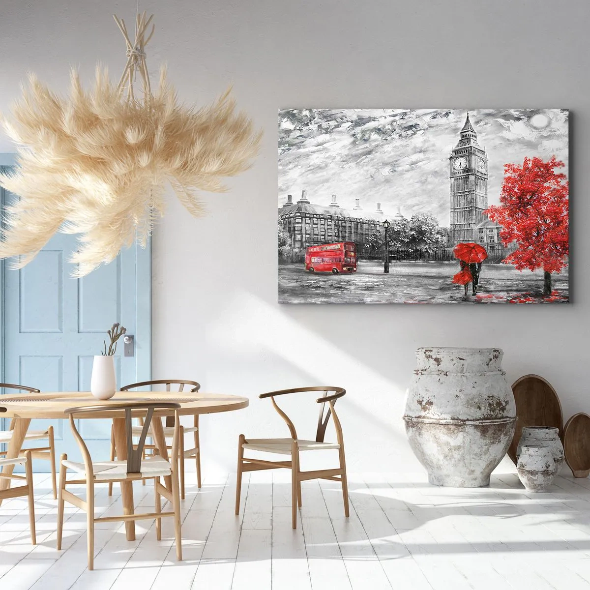 Bild auf Leinwand - Leinwandbild - Ikonische Ansicht von London mit Big Ben, einem roten Bus und einem Regenschirm - 70x50cm - Ein aufregender Tag - Moderne Wanddekoration für Wohnzimmer und Schlafzimmer ARTTOR