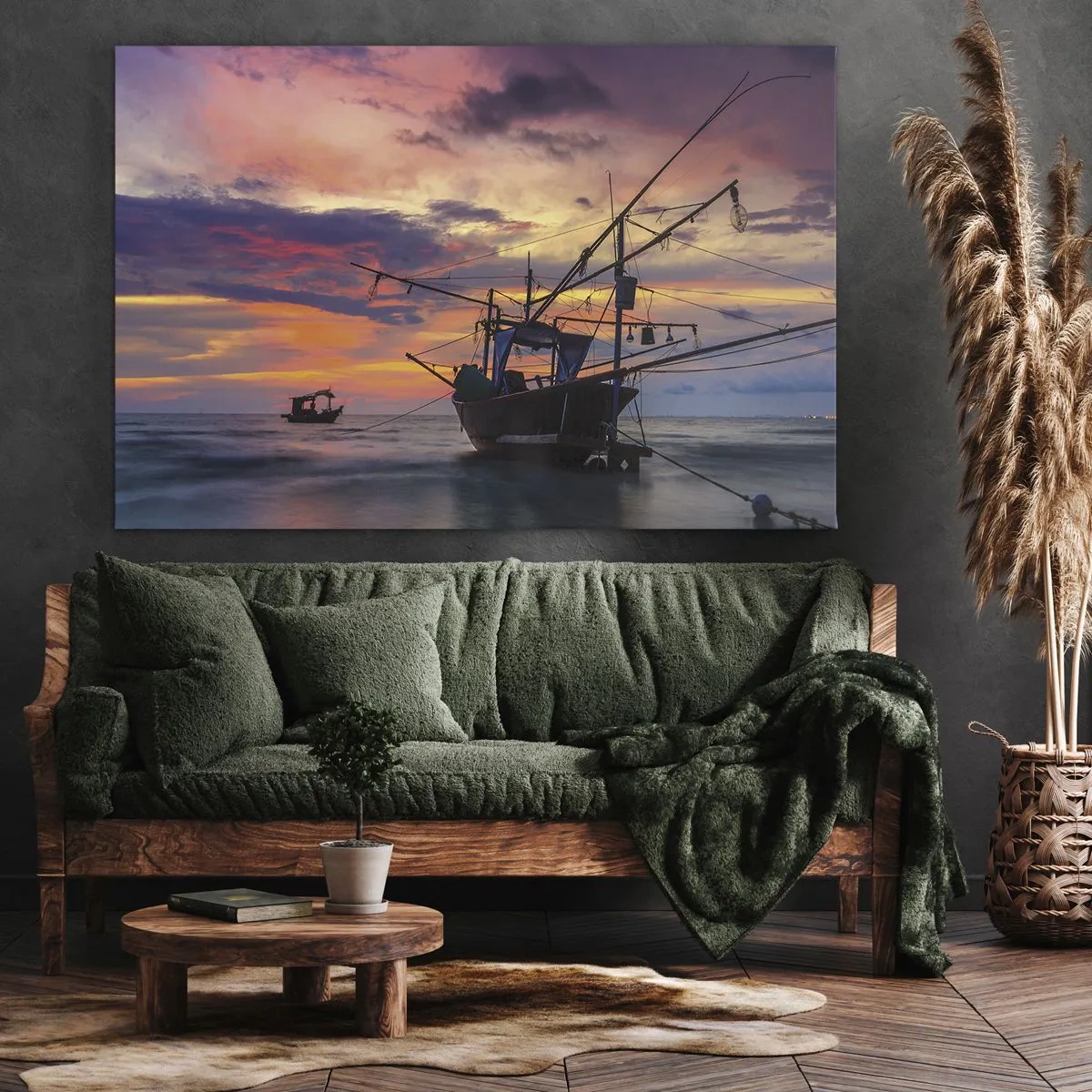 Bild auf Leinwand - Leinwandbild - Ein Fischerboot vor der Kulisse eines farbenfrohen Sonnenuntergangs - 100x70cm - Exotischer Abend - Moderne Wanddekoration für Wohnzimmer und Schlafzimmer ARTTOR