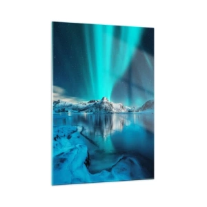 Glasbild - Bild auf glas - Aurora Borealis über den schneebedeckten Bergen - 50x70cm - Lichtnacht - Moderne Wanddekoration für Wohnzimmer und Schlafzimmer ARTTOR
