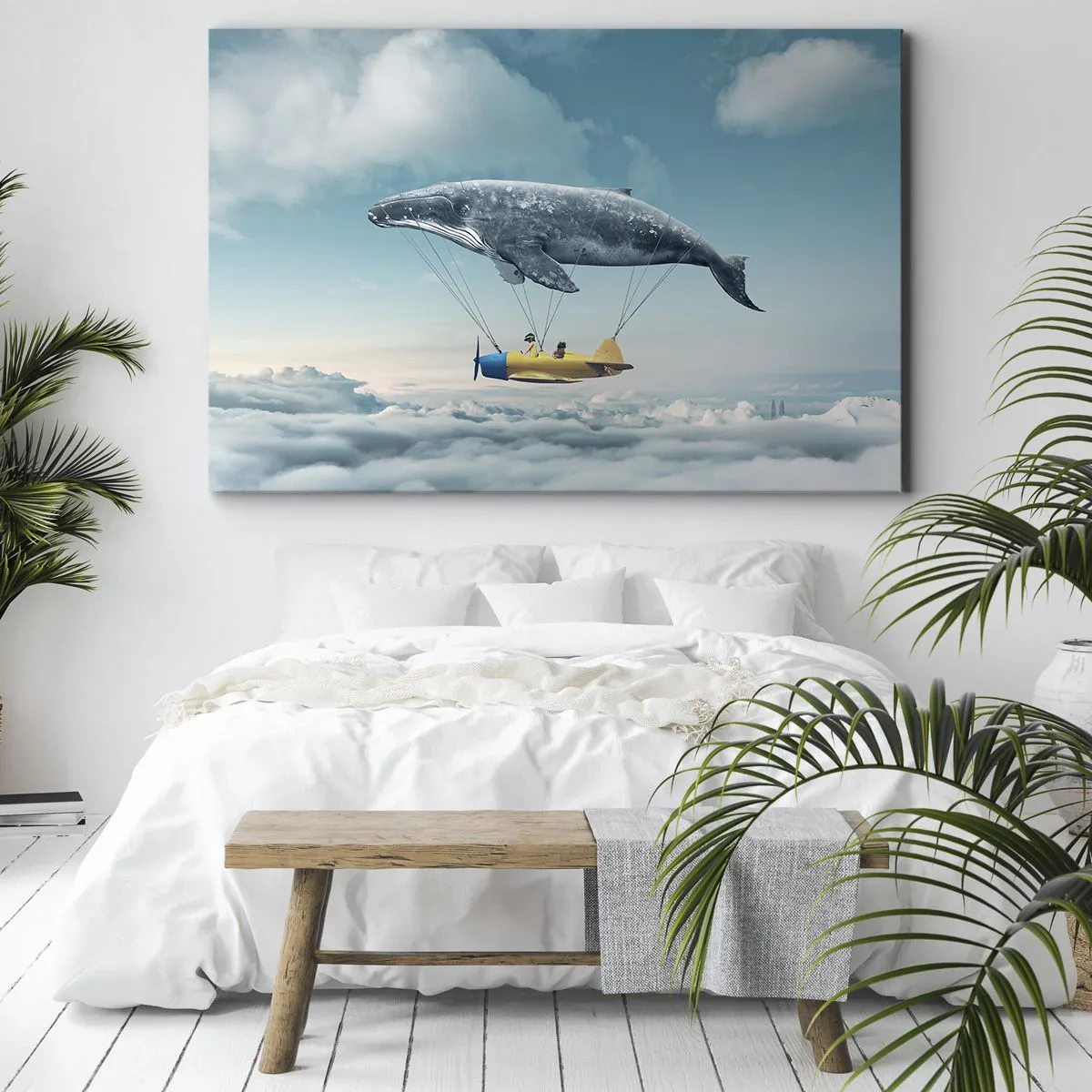 Bild auf Leinwand - Leinwandbild - Ein fliegender Wal trägt ein Flugzeug in einer surrealen Umgebung. - 70x50cm - Warum nicht? - Moderne Wanddekoration für Wohnzimmer und Schlafzimmer ARTTOR