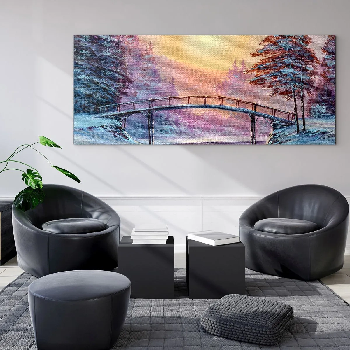 Glasbild - Bild auf glas - Winterlandschaft mit einer vom Sonnenuntergang beleuchteten Brücke - 160x50cm - Vier Jahreszeiten - Winter - Moderne Wanddekoration für Wohnzimmer und Schlafzimmer ARTTOR