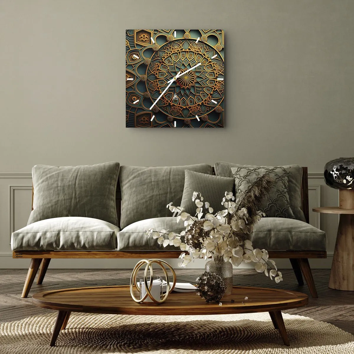 Wanduhr - Glasuhr - Ein goldenes Mandala auf türkisfarbenem Hintergrund mit vielen Details. - 30x30cm - In arabischer Atmosphäre - Moderne Wanddekoration für Wohnzimmer und Schlafzimmer ARTTOR