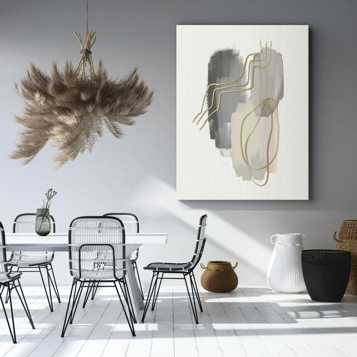 Bild auf Leinwand - Leinwandbild - Abstrakte goldene Linien auf grauem Hintergrund - 80x120cm - Dauer und Bewegung - Moderne Wanddekoration für Wohnzimmer und Schlafzimmer ARTTOR