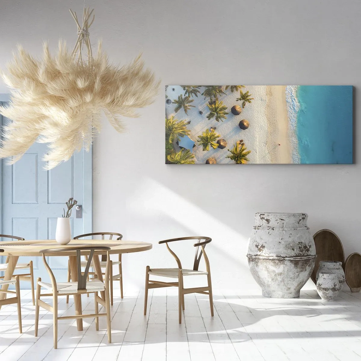 Bild auf Leinwand - Leinwandbild - Blick auf einen tropischen Strand mit Palmen und türkisfarbenem Meer - 140x50cm - Willkommen im Paradies - Moderne Wanddekoration für Wohnzimmer und Schlafzimmer ARTTOR
