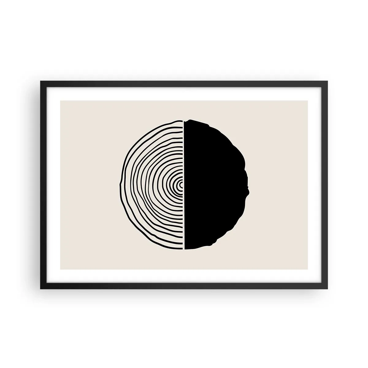 Poster in einem schwarzem Rahmen - Ein abstraktes Schwarz-Weiß-Motiv, inspiriert von einem Holzquerschnitt mit geometrischer Unterteilung. - 70x50cm - Halb und halb - Moderne Wanddekoration für Wohnzimmer und Schlafzimmer ARTTOR