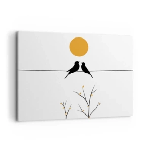 Bild auf Leinwand - Leinwandbild - Vögel auf einer Linie mit einer gelben Sonne - 100x70cm - Abend der Nachtigallen - Moderne Wanddekoration für Wohnzimmer und Schlafzimmer ARTTOR