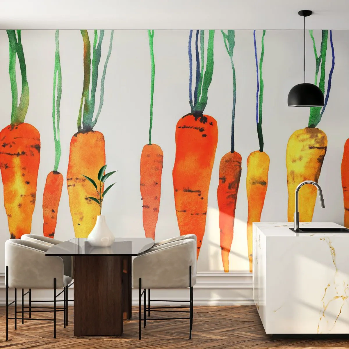 Fototapete Premium Sand - Aquarell Karotten auf weißem Hintergrund - 100x70cm - Die Schönheit des Gewöhnlichen - Moderne Wanddekoration für Wohnzimmer und Schlafzimmer ARTTOR