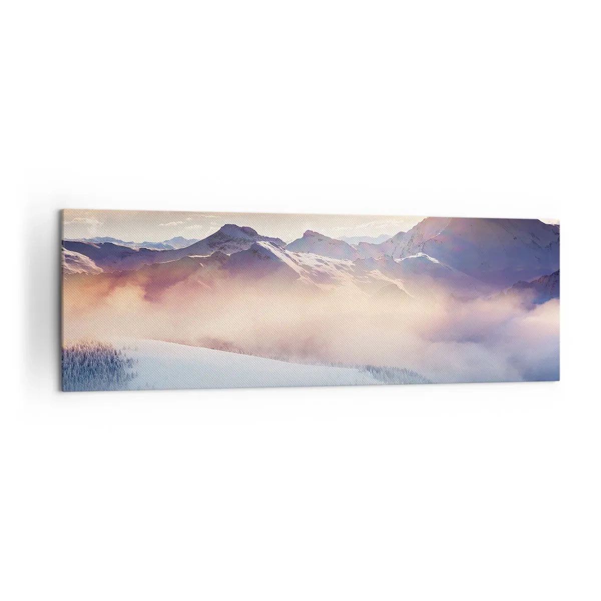 Bild auf Leinwand - Leinwandbild - Schneebedeckte Berge im Morgengrauen mit einem farbenfrohen Himmel - 160x50cm - Die Kraft und Reinheit der Natur - Moderne Wanddekoration für Wohnzimmer und Schlafzimmer ARTTOR