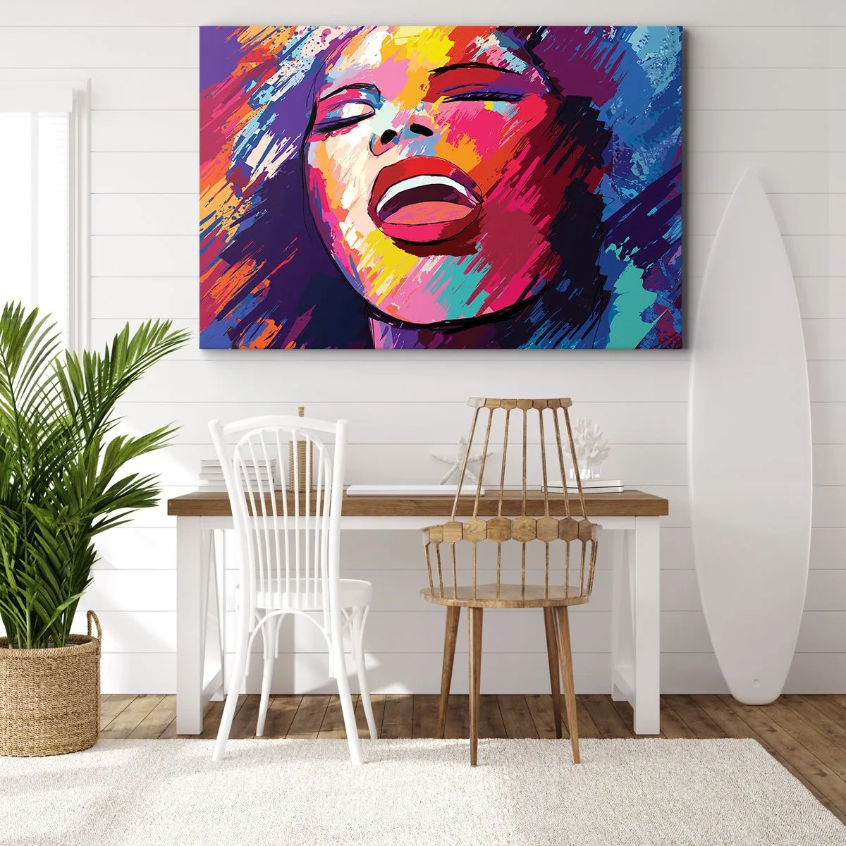 Bild auf Leinwand - Leinwandbild - Abstraktes Porträt einer Frau in lebendigen Farben - 70x50cm - Sing mein ganzes Leben - Moderne Wanddekoration für Wohnzimmer und Schlafzimmer ARTTOR