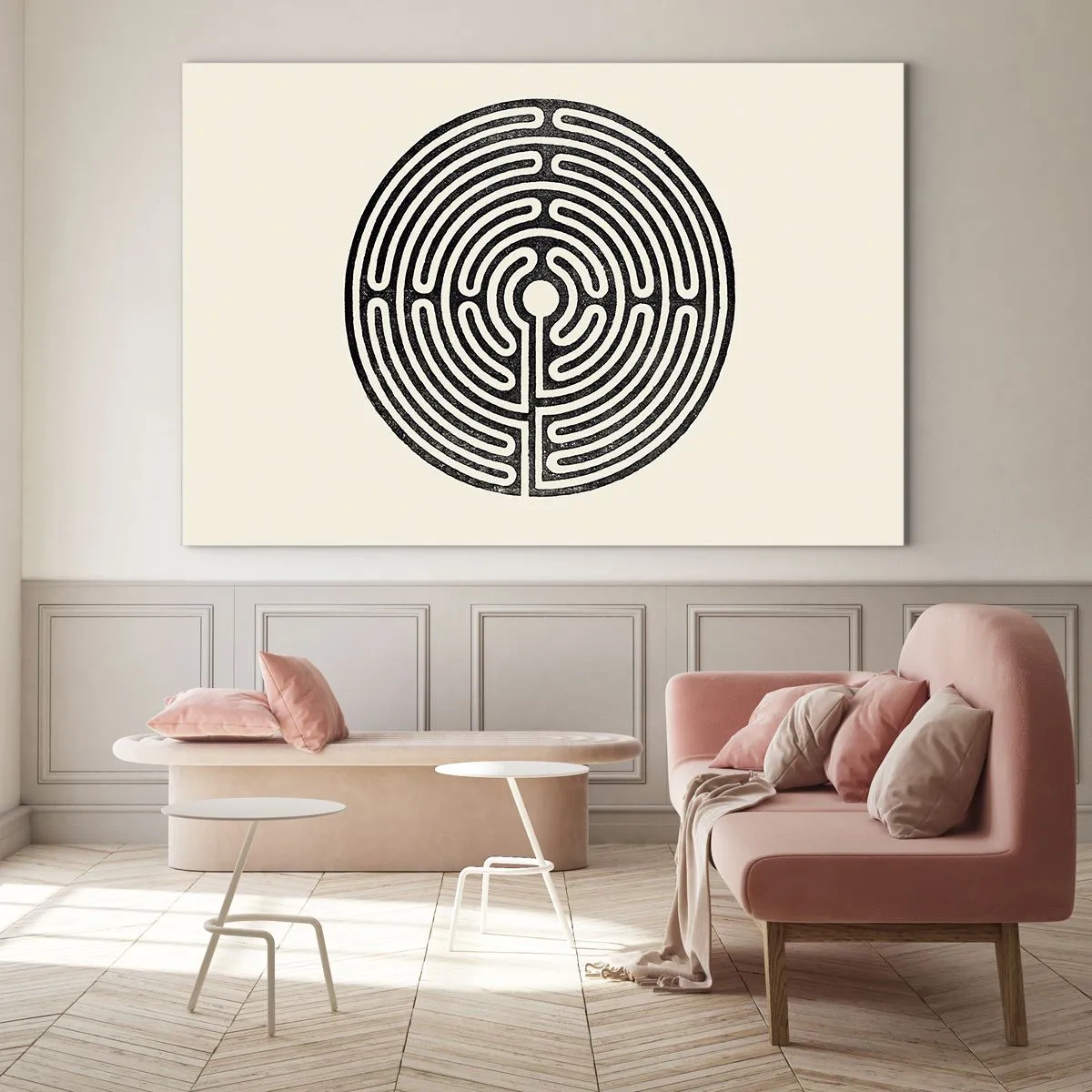 Glasbild - Bild auf glas - Ein schwarz-weißes Labyrinth in kreisförmiger Form auf hellem Hintergrund. - 70x50cm - Geheimnisvolle Ordnung - Moderne Wanddekoration für Wohnzimmer und Schlafzimmer ARTTOR