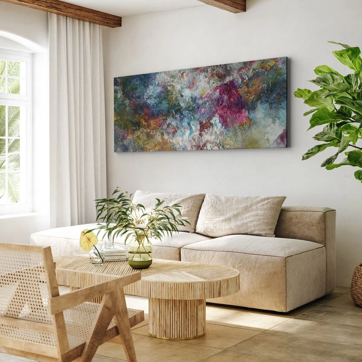 Bild auf Leinwand - Leinwandbild - Eine farbenfrohe Abstraktion, die an blühende Blumen erinnert - 120x50cm - In voller Blüte - Moderne Wanddekoration für Wohnzimmer und Schlafzimmer ARTTOR