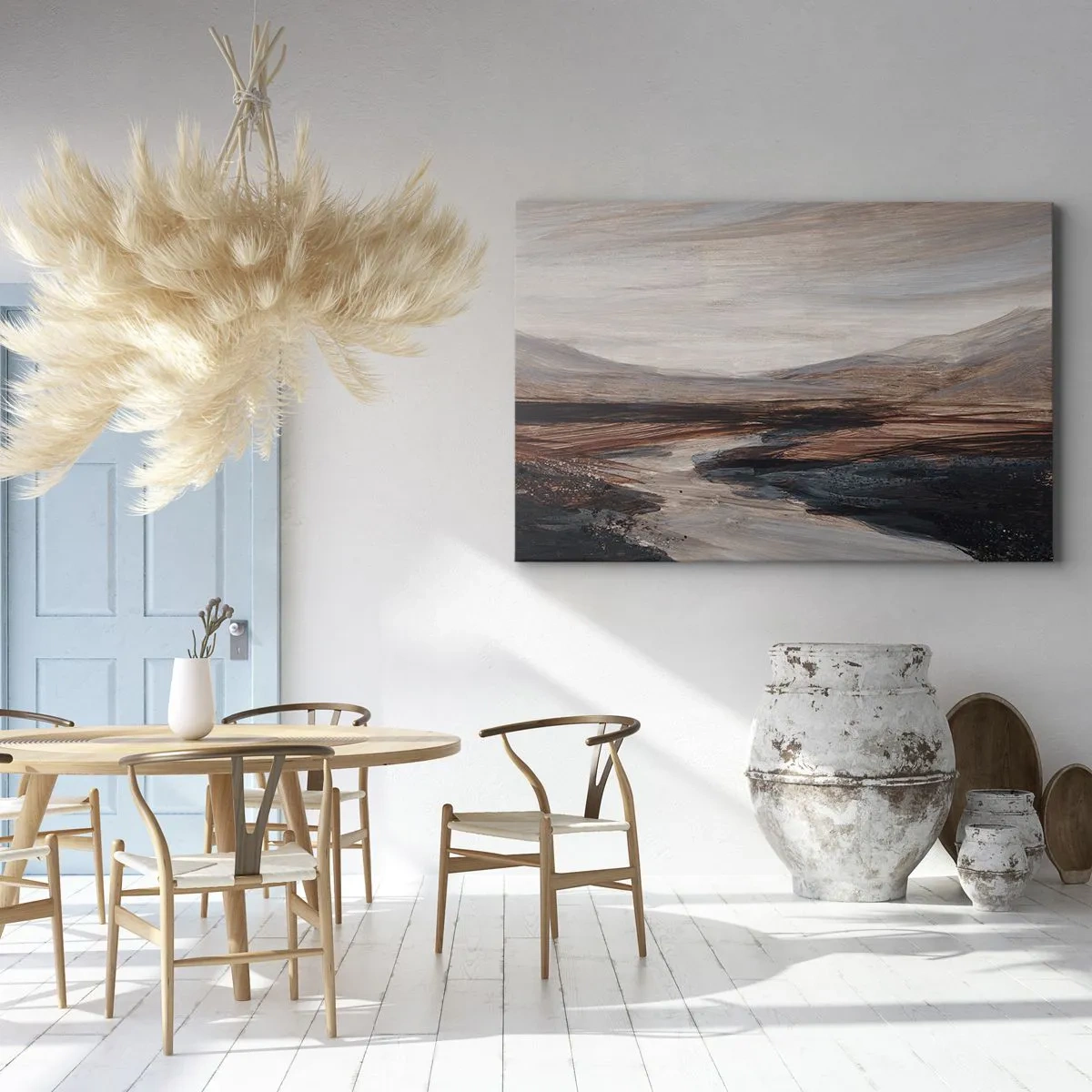 Bild auf Leinwand - Leinwandbild - Eine malerische Landschaft mit Fluss und Bergen - 70x50cm - Ruhiges Tal - Moderne Wanddekoration für Wohnzimmer und Schlafzimmer ARTTOR