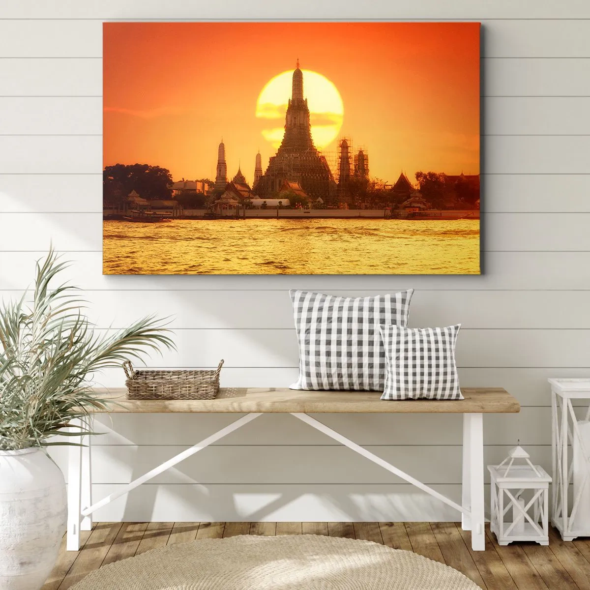 Bild auf Leinwand - Leinwandbild - Sonnenuntergang über dem Tempel mit Spiegelbild im Wasser - 120x80cm - Der Sonne entgegen, immer der Sonne entgegen - Moderne Wanddekoration für Wohnzimmer und Schlafzimmer ARTTOR