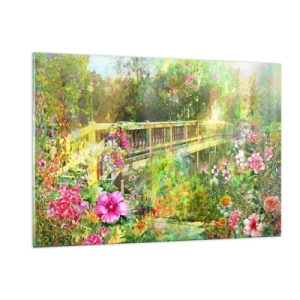 Glasbild - Bild auf glas - Eine Brücke umgeben von üppiger Vegetation und bunten Blumen - 120x80cm - Eine Brücke aus Frühlingsseufzern - Moderne Wanddekoration für Wohnzimmer und Schlafzimmer ARTTOR