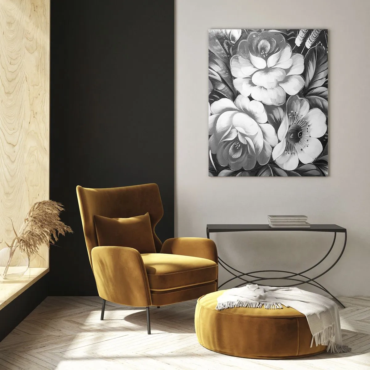 Glasbild - Bild auf glas - Schwarze und weiße Blumen in einer klassischen und eleganten Komposition - 70x100cm - Schön auch in Grau - Moderne Wanddekoration für Wohnzimmer und Schlafzimmer ARTTOR