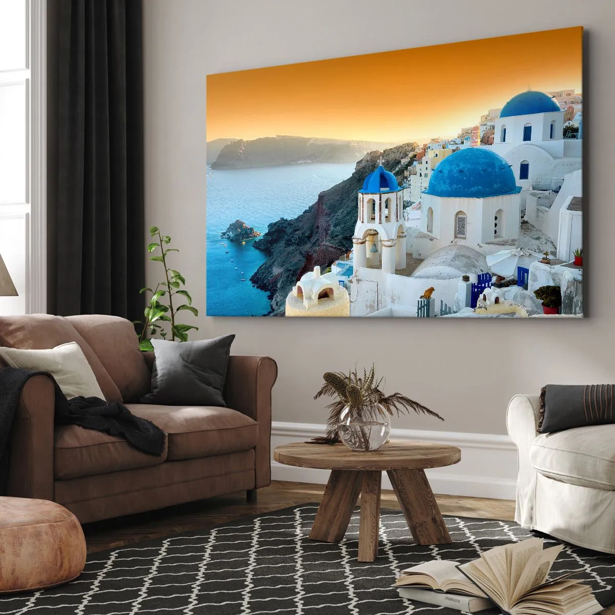 Bild auf Leinwand - Leinwandbild - Blick auf Santorini mit weißen Gebäuden und blauem Meer - 70x50cm - Santorini - an die Felsen gekuschelt - Moderne Wanddekoration für Wohnzimmer und Schlafzimmer ARTTOR
