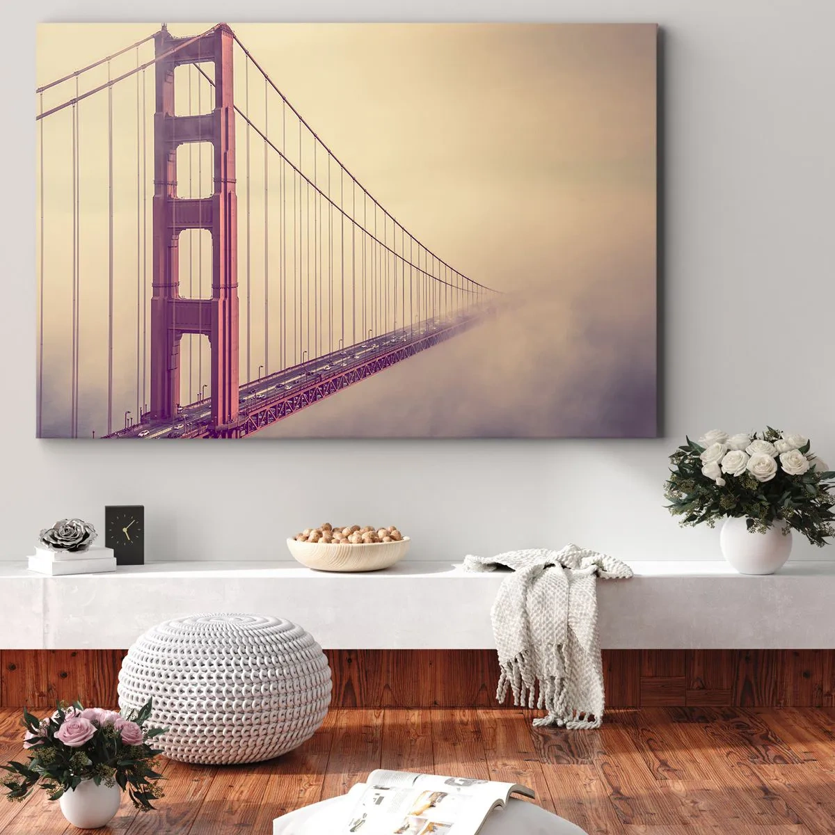 Bild auf Leinwand - Leinwandbild - Eine Brücke im Nebel in Pastelltönen, ein Symbol für Eleganz und Frieden - 120x80cm - Zwischen Himmel und Erde - Moderne Wanddekoration für Wohnzimmer und Schlafzimmer ARTTOR