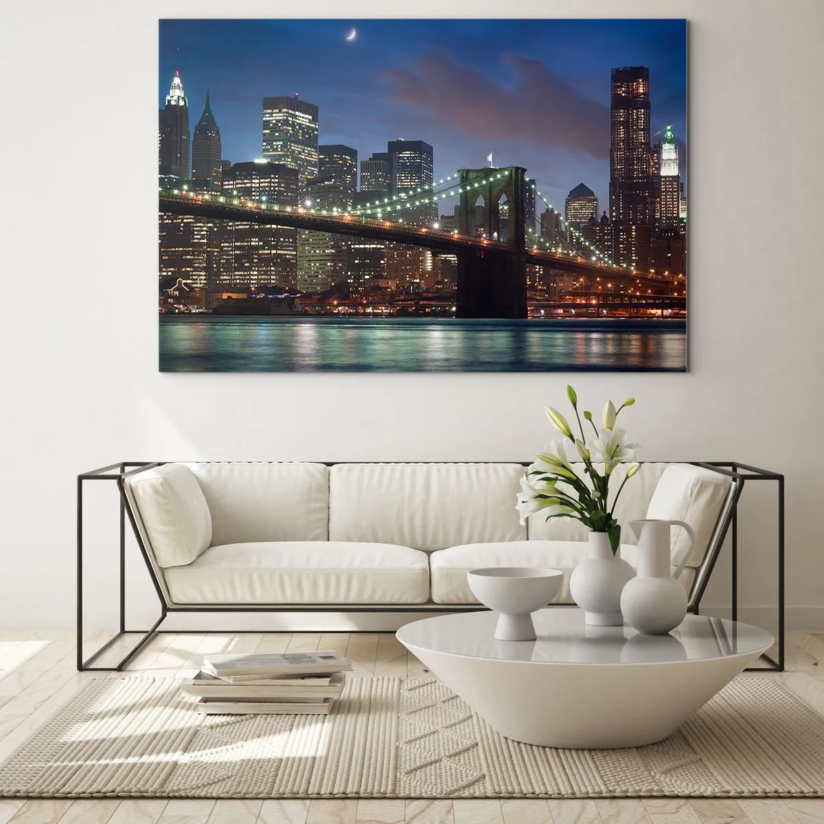 Glasbild - Bild auf glas - Panorama der Stadt mit der von Nachtlichtern beleuchteten Brücke - 100x70cm - Leuchtende Nacht - Moderne Wanddekoration für Wohnzimmer und Schlafzimmer ARTTOR