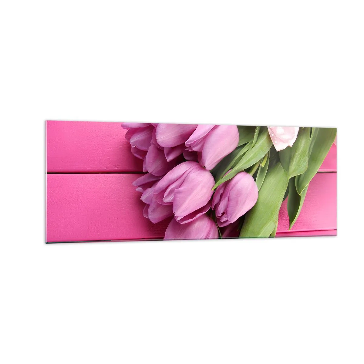 Glasbild - Bild auf glas - Ein Strauß rosa Tulpen mit Schleife auf rosa Hintergrund - 140x50cm - Nur für dich - Moderne Wanddekoration für Wohnzimmer und Schlafzimmer ARTTOR