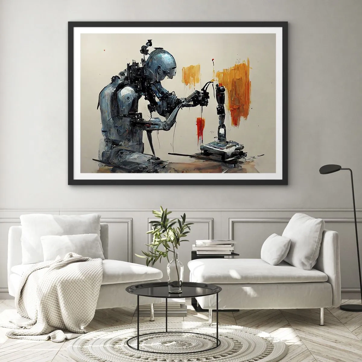 Poster in einem schwarzem Rahmen - Roboter bei der Arbeit mit abstraktem Hintergrund - 70x50cm - Schon morgen… - Moderne Wanddekoration für Wohnzimmer und Schlafzimmer ARTTOR