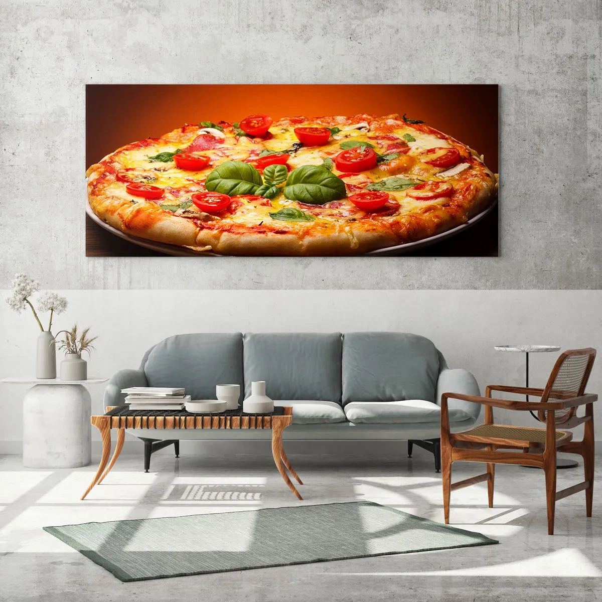 Glasbild - Bild auf glas - Pizza mit Tomaten und Basilikum auf einem Holztisch - 120x50cm - Mamma Mia! - Moderne Wanddekoration für Wohnzimmer und Schlafzimmer ARTTOR