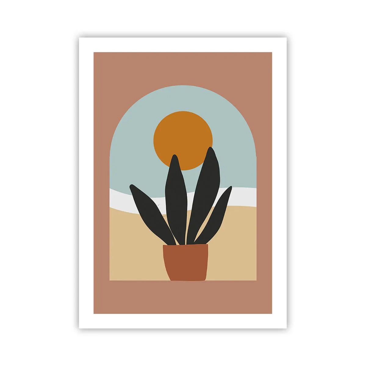 Poster - Eine Topfpflanze vor einem Bogen mit einem Sonnenuntergang im Hintergrund - 50x70cm - Kleine Freuden - Moderne Wanddekoration für Wohnzimmer und Schlafzimmer ARTTOR