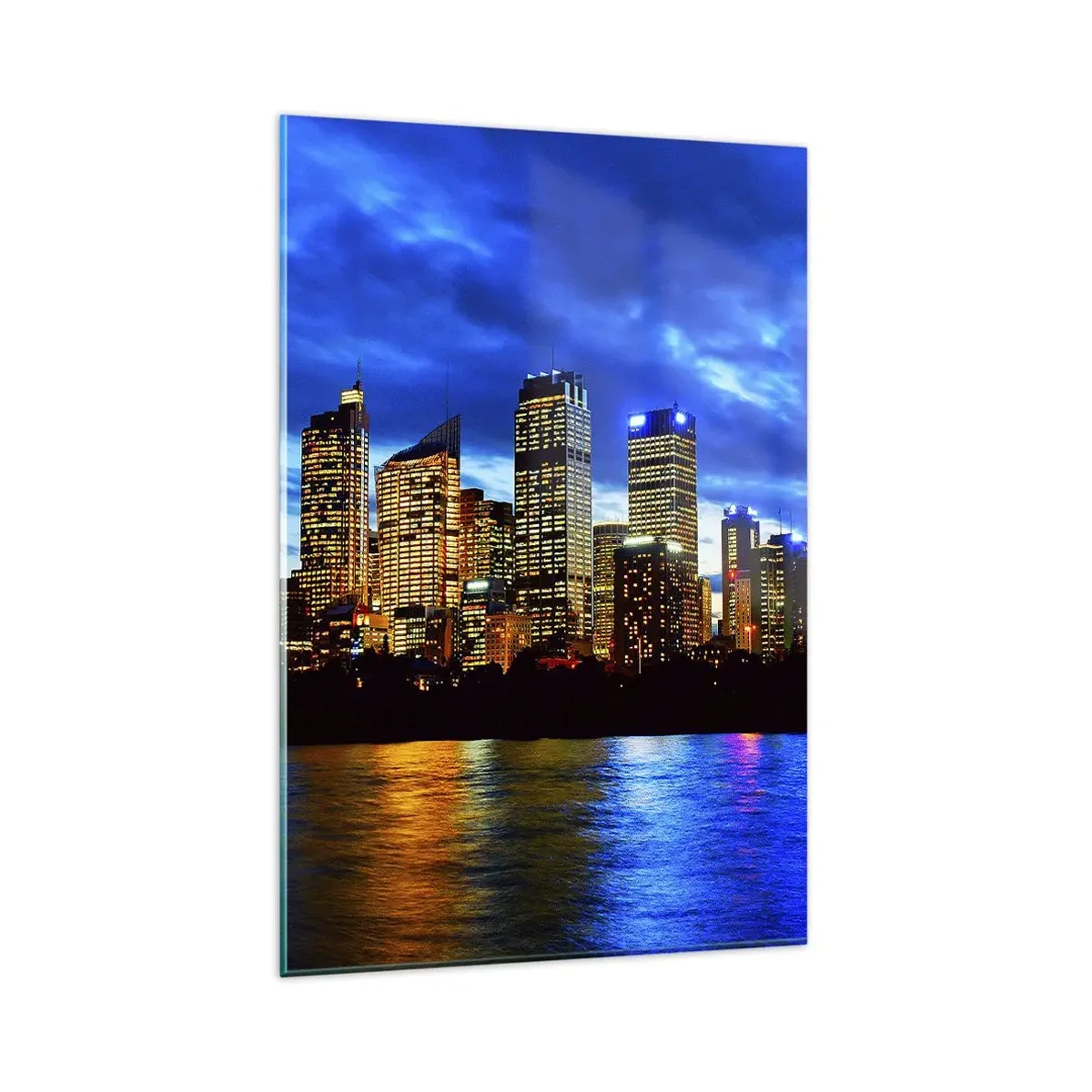 Glasbild - Bild auf glas - Panorama der nächtlichen Stadt mit beleuchteten Wolkenkratzern über dem Wasser - 80x120cm - Eine Nacht der Lichter und Farben - Moderne Wanddekoration für Wohnzimmer und Schlafzimmer ARTTOR