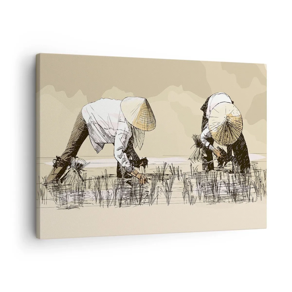 Bild auf Leinwand - Leinwandbild - Bauern bei der Arbeit auf einem Reisfeld mit traditioneller Kopfbedeckung - 70x50cm - Erfolgreiche Ernte - Moderne Wanddekoration für Wohnzimmer und Schlafzimmer ARTTOR