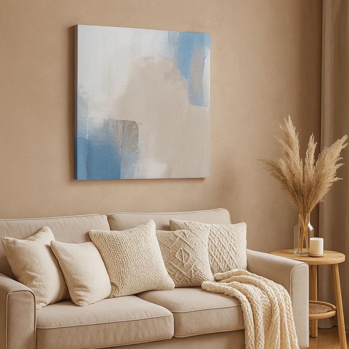 Bild auf Leinwand - Leinwandbild - Rosa Abstraktion hinter einem blauen Vorhang - 30x30 cm