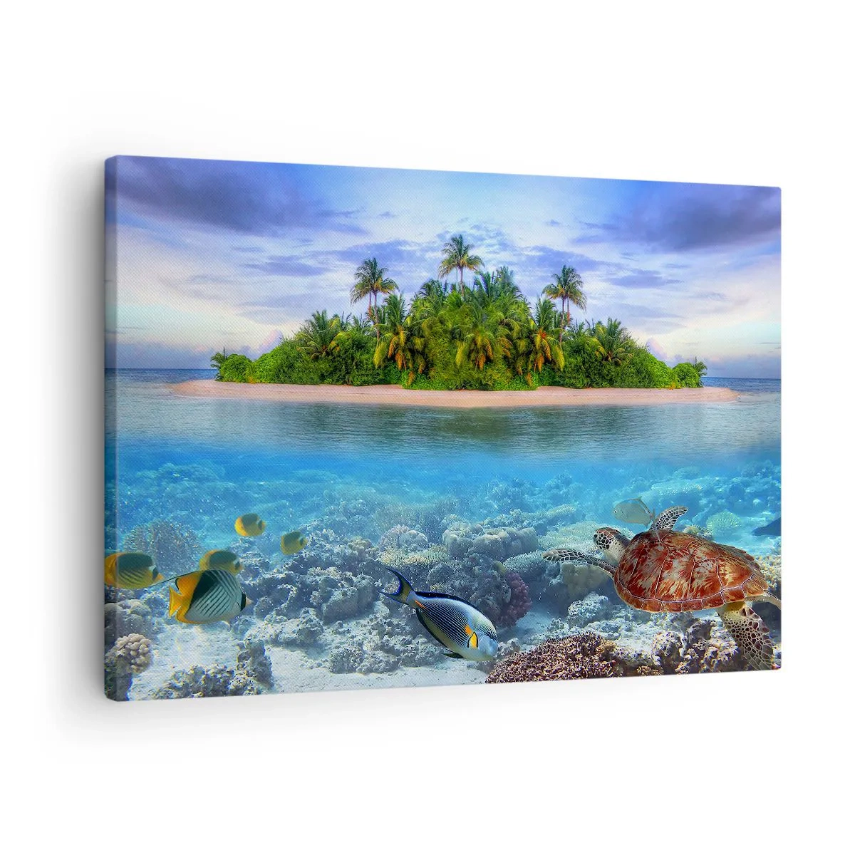 Bild auf Leinwand - Leinwandbild - Eine tropische Insel, umgeben von einem türkisfarbenen Ozean mit einem Korallenriff und Fischen. - 70x50cm - Heavenly Island lädt dich ein - Moderne Wanddekoration für Wohnzimmer und Schlafzimmer ARTTOR