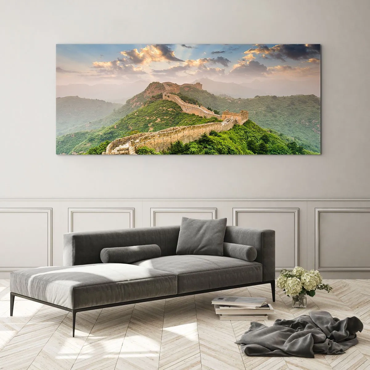 Glasbild - Bild auf glas - Die Chinesische Mauer im Sonnenlicht in einer malerischen Landschaft - 160x50cm - Ewige Größe - Moderne Wanddekoration für Wohnzimmer und Schlafzimmer ARTTOR