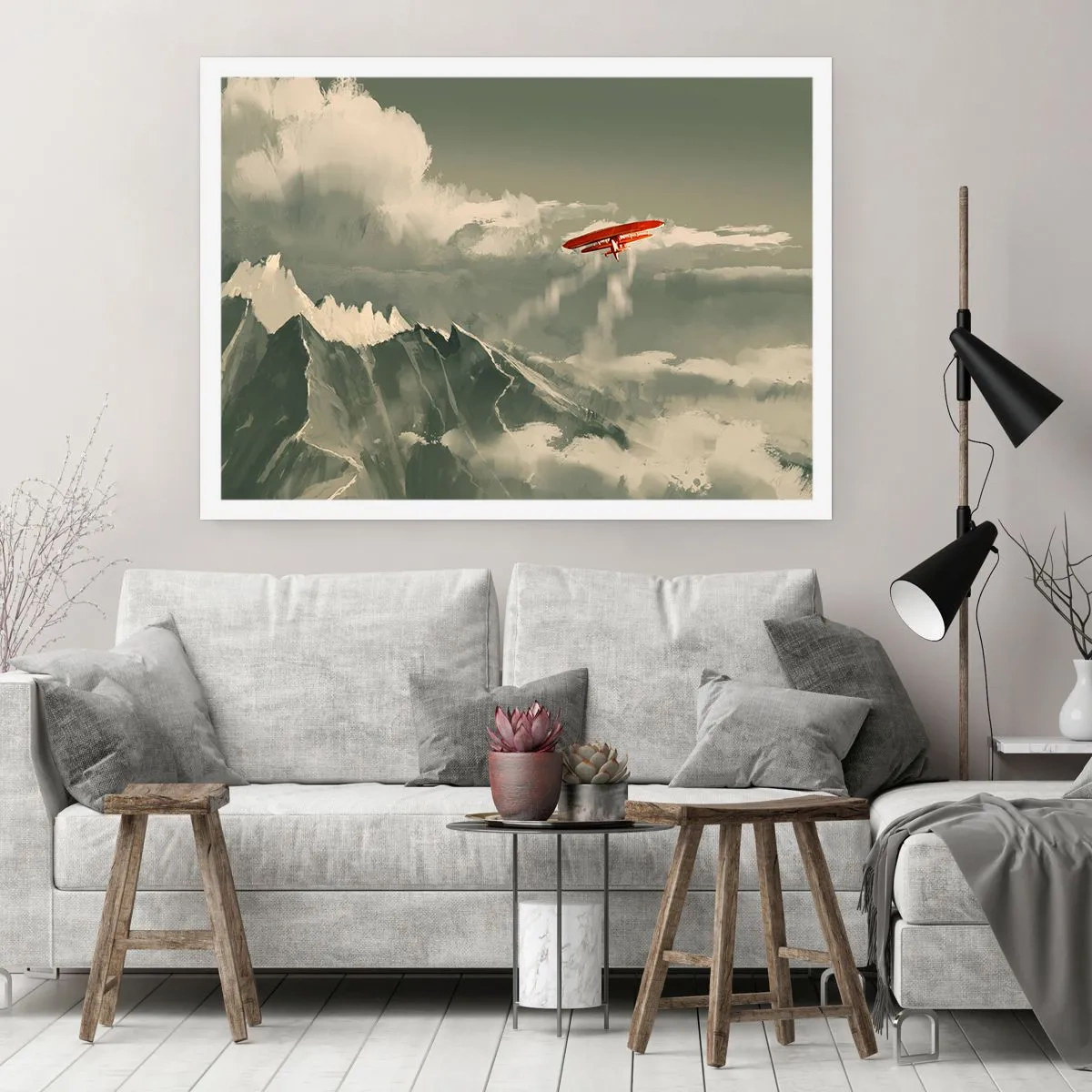 Poster - Rotes Flugzeug über schneebedeckten Bergen - 100x70cm - Furchtloser Pionier - Moderne Wanddekoration für Wohnzimmer und Schlafzimmer ARTTOR
