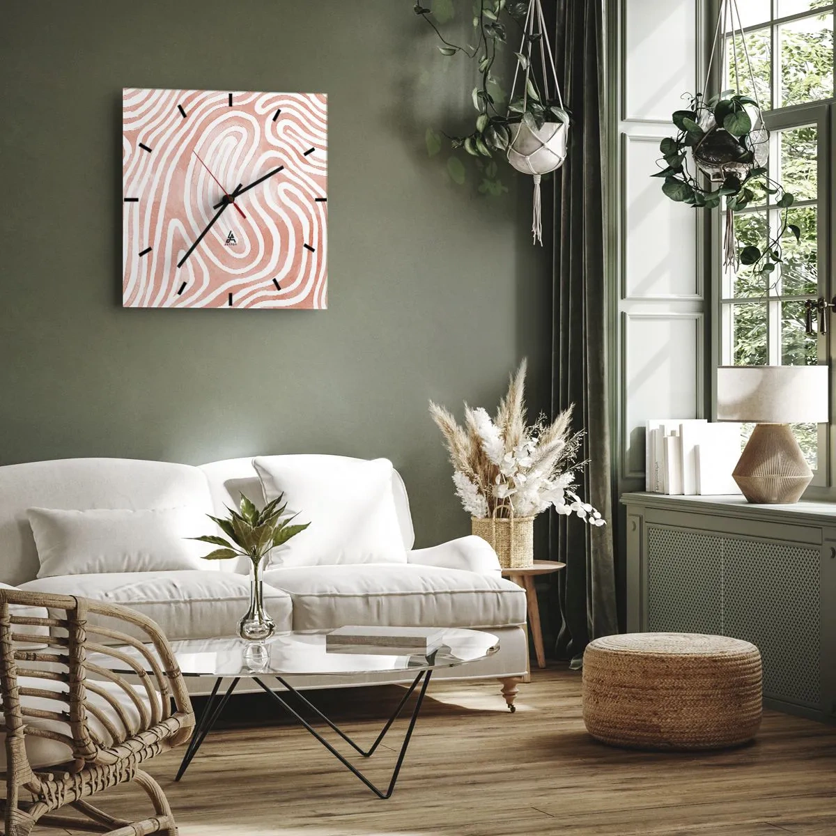 Wanduhr - Glasuhr - Abstraktes Muster in Rosa- und Weißtönen - 30x30cm - Im Korallenlabyrinth - Moderne Wanddekoration für Wohnzimmer und Schlafzimmer ARTTOR