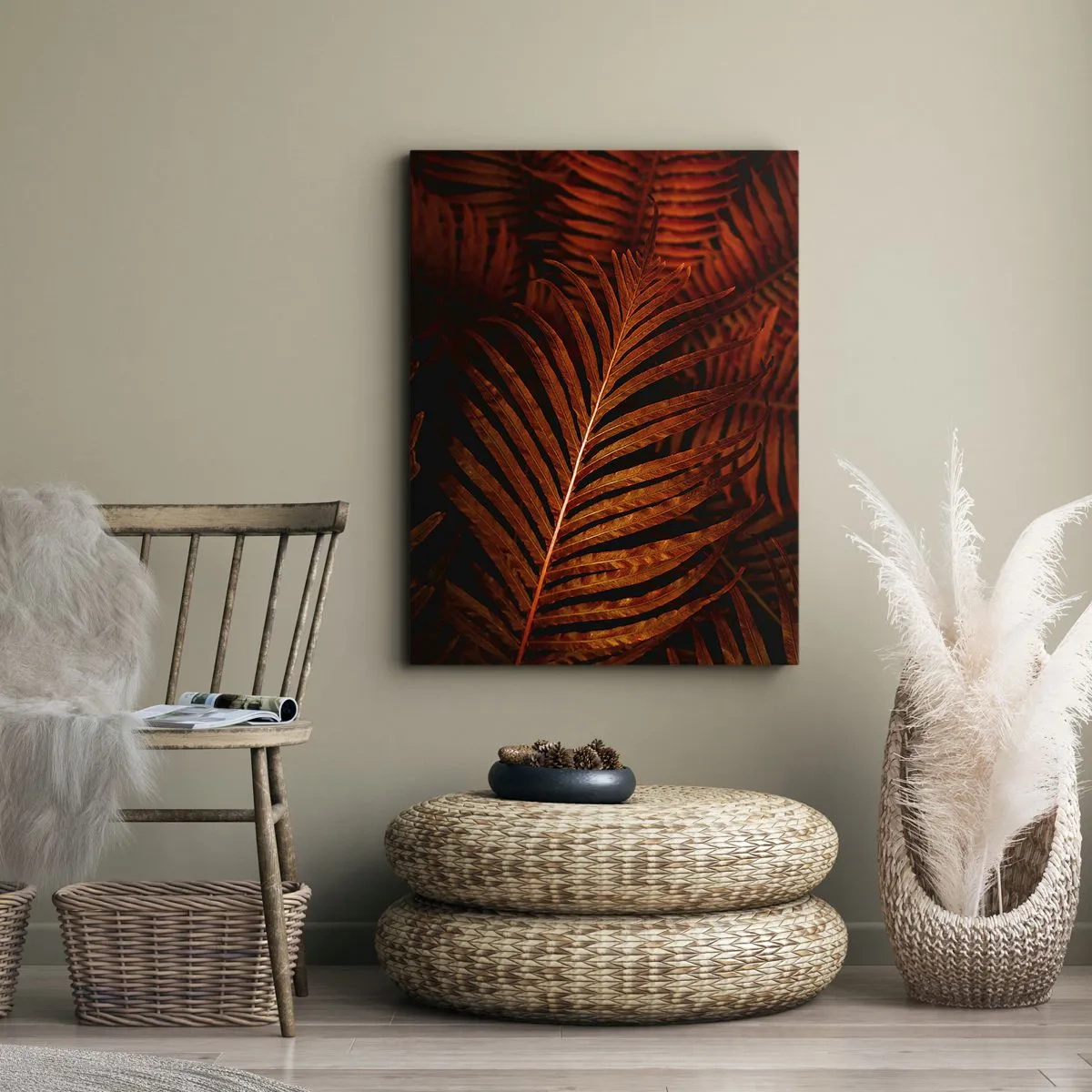 Bild auf Leinwand - Leinwandbild - Nahaufnahme von roten tropischen Blättern - 50x70cm - Die Hitze des Lebens - Moderne Wanddekoration für Wohnzimmer und Schlafzimmer ARTTOR