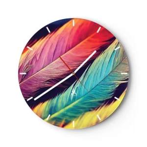 Wanduhr - Glasuhr - Bunte Federn in intensiven Farben bilden einen Regenbogen - 30x30cm - Gefiederter Regenbogen - Moderne Wanddekoration für Wohnzimmer, Küche und Schlafzimmer ARTTOR