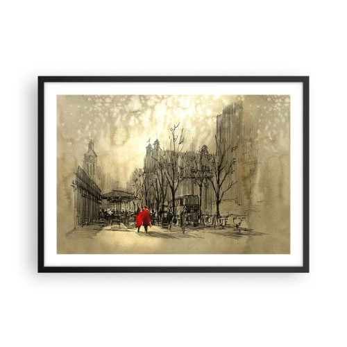 Poster in einem schwarzem Rahmen - Eine rote Figur in einer nostalgischen urbanen Umgebung - 70x50cm - Ein Date im Londoner Nebel - Moderne Wanddekoration für Wohnzimmer und Schlafzimmer ARTTOR