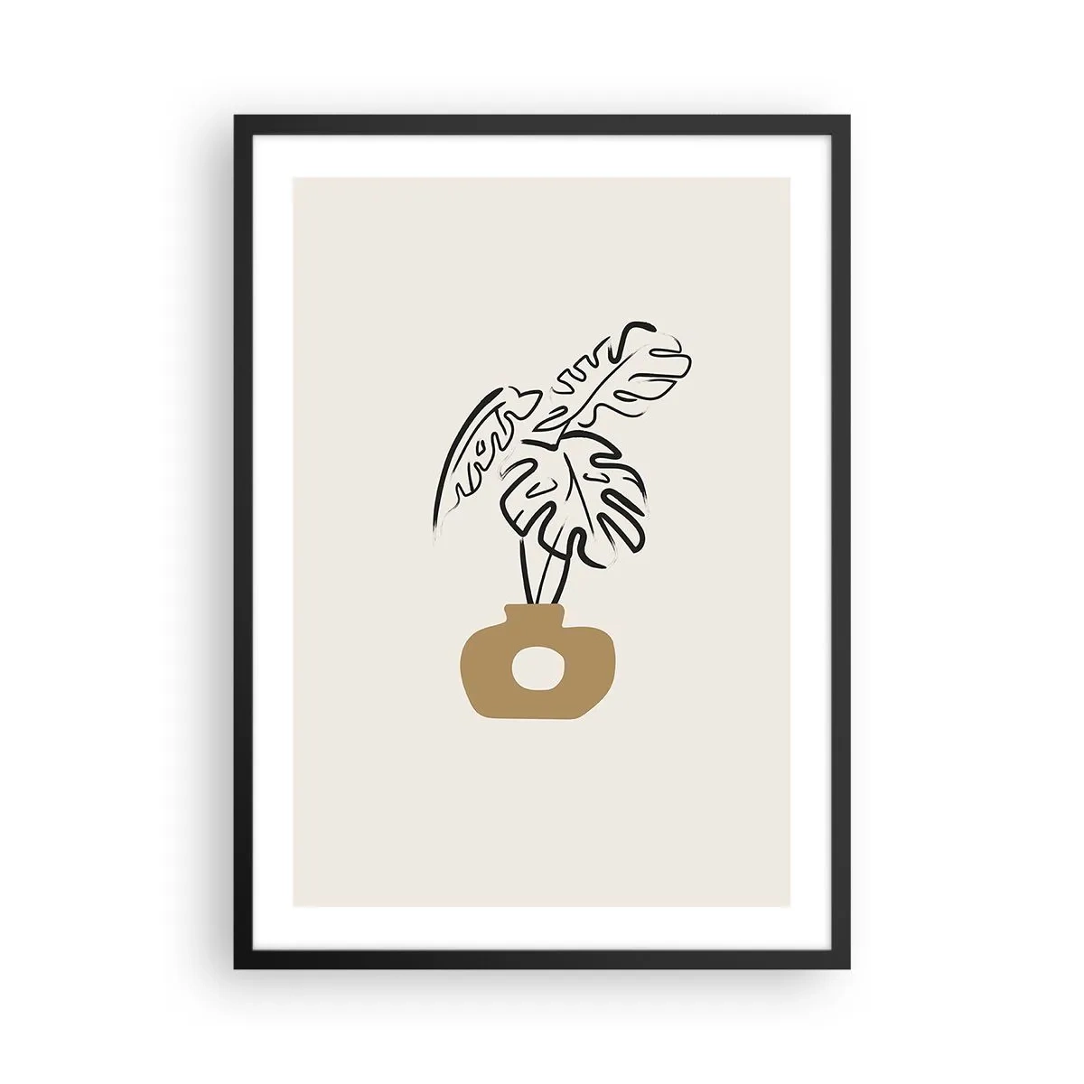 Poster in einem schwarzem Rahmen - Eine minimalistische Zeichnung einer Monstera in einer Vase - 50x70cm - Monstera – Heimdekoration - Moderne Wanddekoration für Wohnzimmer und Schlafzimmer ARTTOR