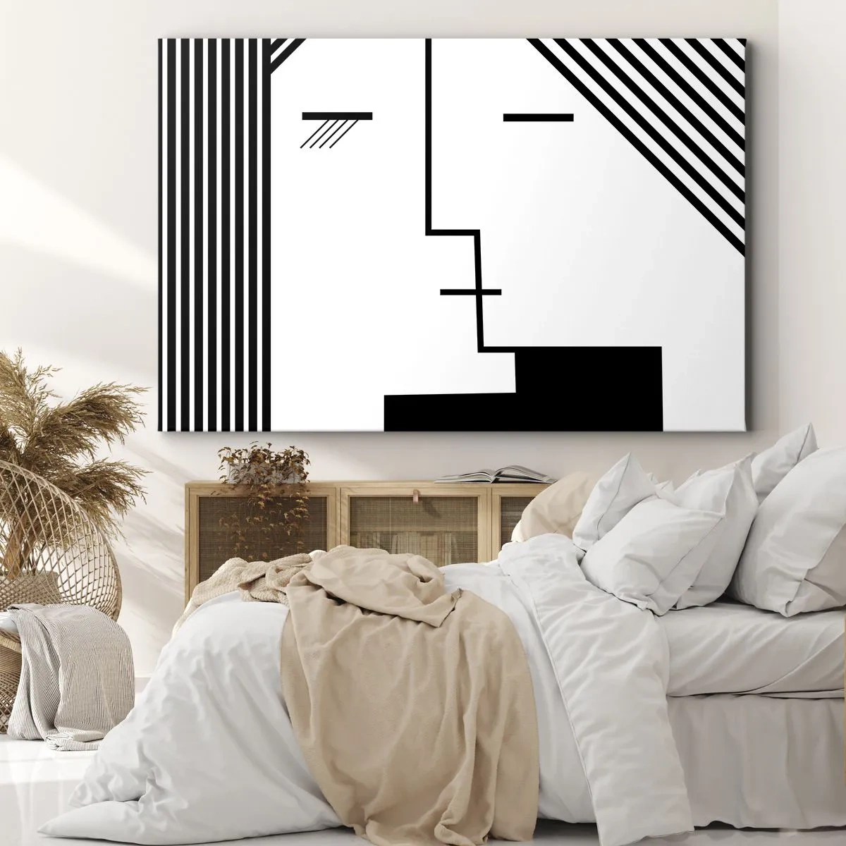 Bild auf Leinwand - Leinwandbild - Geometrische Abstraktion eines Kusses in Schwarz und Weiß - 100x70cm - Einfach ein Kuss - Moderne Wanddekoration für Wohnzimmer und Schlafzimmer ARTTOR