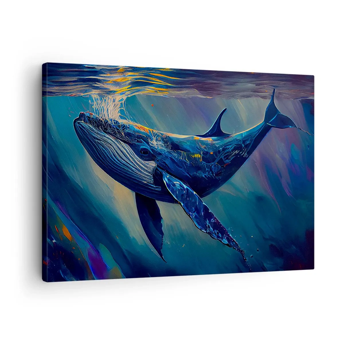 Bild auf Leinwand - Leinwandbild - Ein Wal in den Tiefen des Ozeans in leuchtenden Farben - 70x50cm - Willkommen in meiner Welt - Moderne Wanddekoration für Wohnzimmer und Schlafzimmer ARTTOR