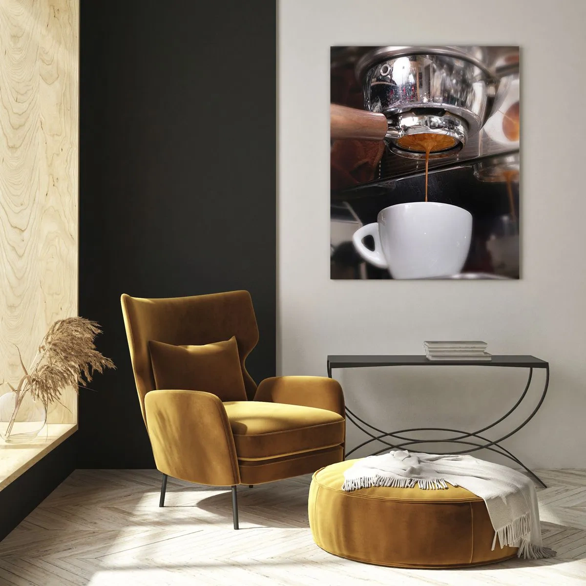 Glasbild - Bild auf glas - Nahaufnahme einer Tasse Kaffee, die aus einer Druckkaffeemaschine eingeschenkt wird - 50x70cm - Gute Zeit des Tages - Moderne Wanddekoration für Wohnzimmer und Schlafzimmer ARTTOR