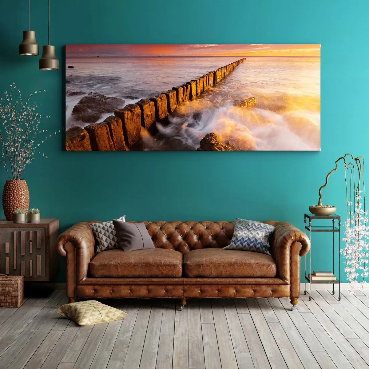 Bild auf Leinwand - Leinwandbild - Eine malerische Landschaft am Meer bei Sonnenuntergang - 140x50cm - Die Sanftheit der Wellen - Moderne Wanddekoration für Wohnzimmer und Schlafzimmer ARTTOR