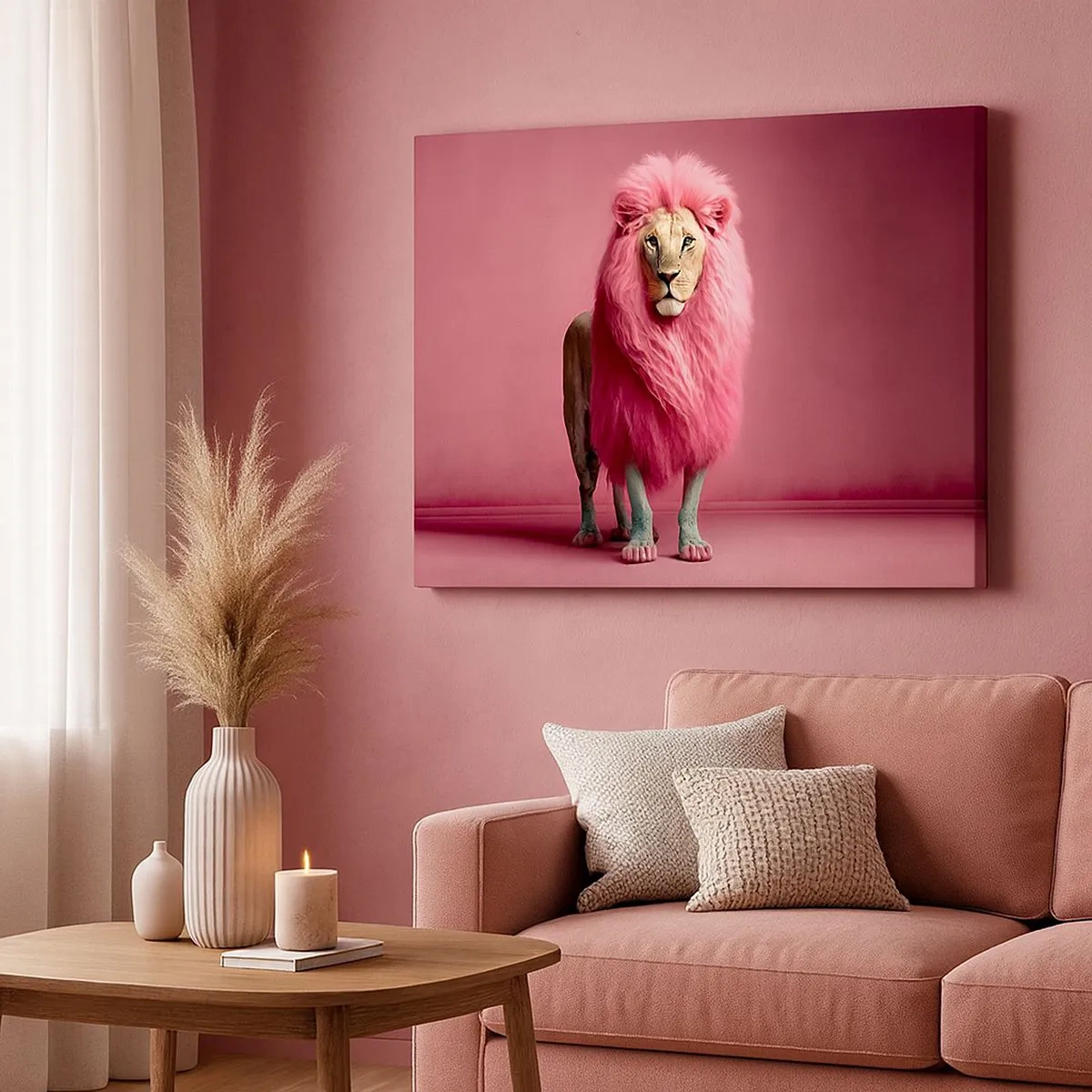 Bild auf Leinwand - Leinwandbild - Ein künstlerisch gestalteter Löwe mit rosa Mähne auf rosa Hintergrund - 70x50cm - Und du hast keine Angst mehr - Moderne Wanddekoration für Wohnzimmer und Schlafzimmer ARTTOR