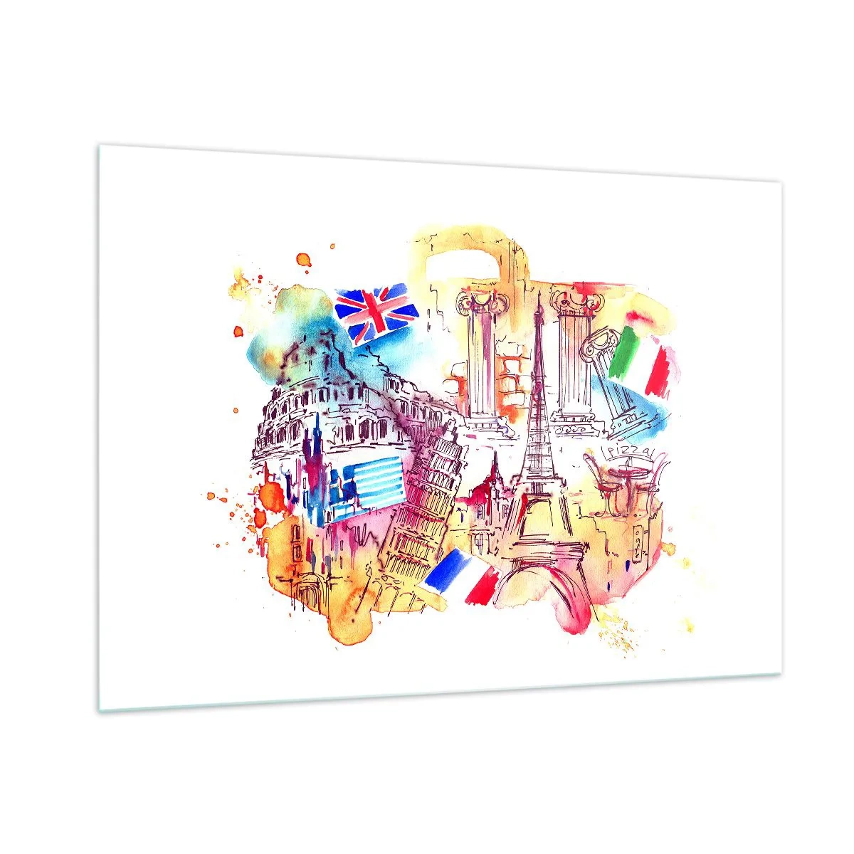 Glasbild - Bild auf glas - Aquarell europäischer Denkmäler mit Länderflaggen - 100x70cm - Europa Tour - Moderne Wanddekoration für Wohnzimmer und Schlafzimmer ARTTOR