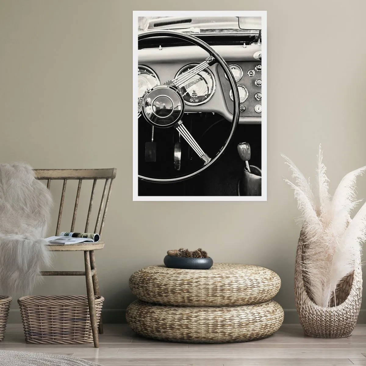 Poster - Der Innenraum eines Oldtimers im monochromen Stil - 50x70cm - Ein Sammlertraum - Moderne Wanddekoration für Wohnzimmer und Schlafzimmer ARTTOR