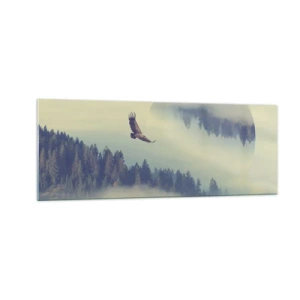 Glasbild - Bild auf glas - Ein Adler im Flug vor der Kulisse nebliger Berge mit einem künstlerischen Kreismotiv - 140x50cm - Ich habe den Schatten eines Adlers gesehen - Moderne Wanddekoration für Wohnzimmer und Schlafzimmer ARTTOR