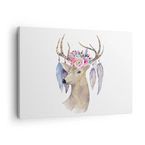 Bild auf Leinwand - Leinwandbild - Romantische Hirschgrafik mit Blumen und Federn - 70x50cm - Seelenführer - sanft, unschuldig - Moderne Wanddekoration für Wohnzimmer und Schlafzimmer ARTTOR