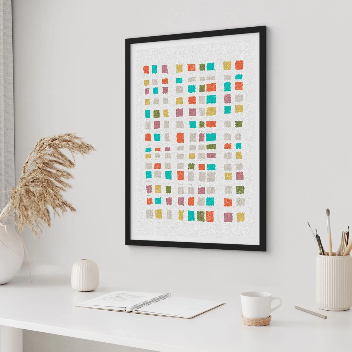 Poster in einem schwarzem Rahmen - Bunte geometrische Quadrate auf hellem Hintergrund - 50x70cm - Unbekanntes Spiel - Moderne Wanddekoration für Wohnzimmer und Schlafzimmer ARTTOR