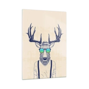 Glasbild - Bild auf glas - Ein eleganter Hirsch mit Sonnenbrille auf hellem Hintergrund - 50x70cm - Wen hast du erwartet? - Moderne Wanddekoration für Wohnzimmer und Schlafzimmer ARTTOR